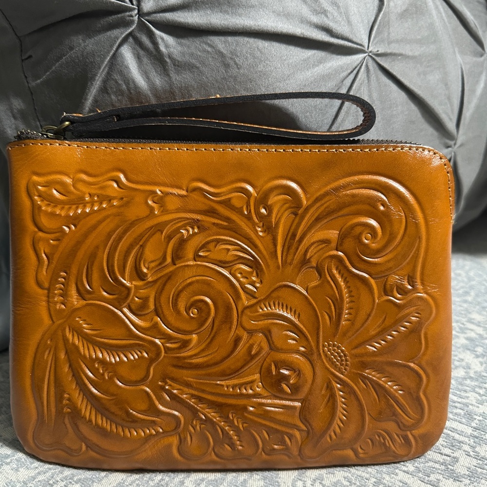 Patricia Nash Embossed Floral Tan Wristlet